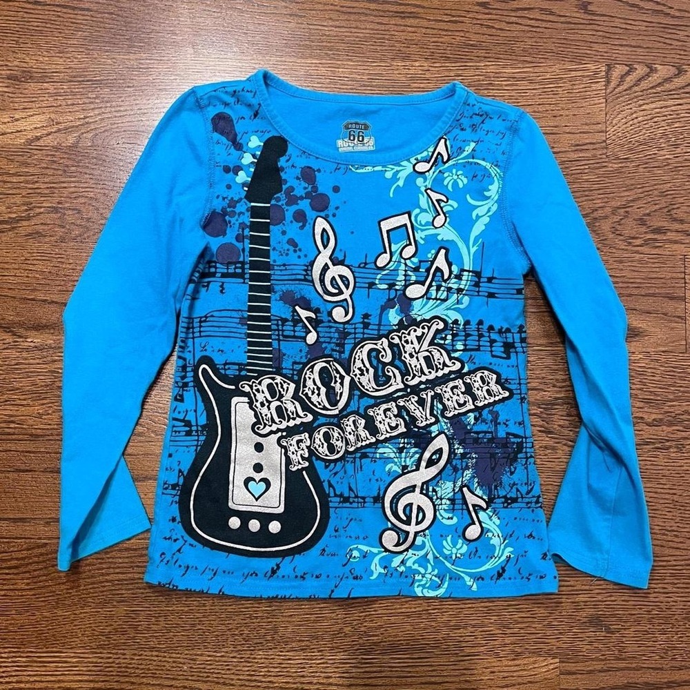 🍟y2k KIDS‎ girls blue rock guitar graphic cyber music long sleeve top small